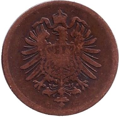 Монета 1 пфенниг. 1875 год (G), Германская империя. Монета 1 пфенниг. 1875 год (G), Германская империя.