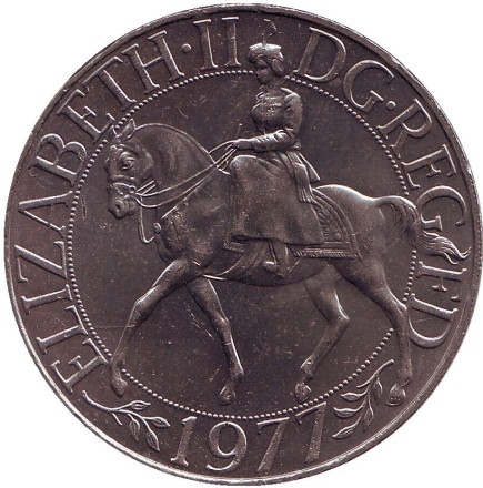 Монета 25 новых пенсов, 1977 год, Великобритания. 25 летний юбилей правления Елизаветы II.