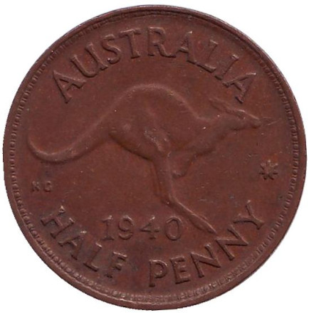 Монета 1/2 пенни. 1940 год, Австралия. Кенгуру.