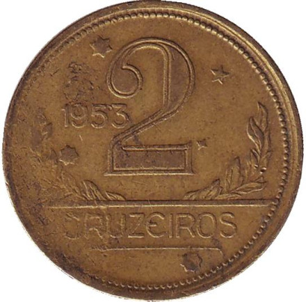 Монета 2 крузейро. 1953 год, Бразилия. Карта Бразилии.