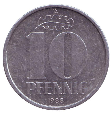 Монета 10 пфеннигов. 1988 год, ГДР.