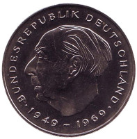 Теодор Хойс. Монета 2 марки. 1980 год (D), ФРГ. UNC.