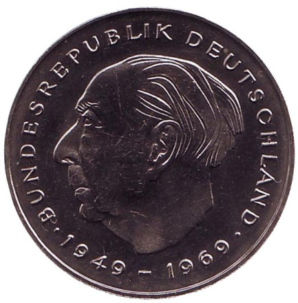 Монета 2 марки. 1980 год (D), ФРГ. UNC. Теодор Хойс.