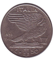Виктор Эммануил III. Монета 50 чентезимо. 1939 год (XVIII), Италия. (немагнитные)