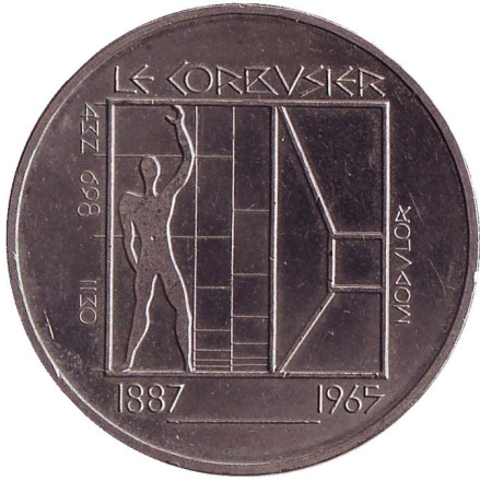 Монета 5 франков. 1987 год, Швейцария. 100 лет со дня рождения Ле Корбюзье.