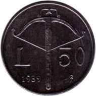 Монета 50 лир. 1989 год, Сан-Марино. Шестнадцать веков истории. Монета 50 лир. 1989 год, Сан-Марино. Шестнадцать веков истории.