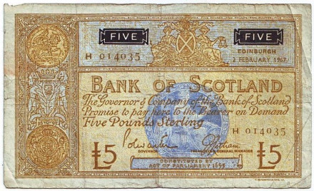 Банкнота 5 фунтов. 1967 год, Шотландия.
