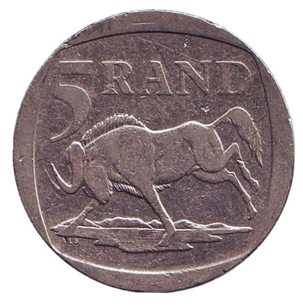 Монета 5 рандов. 1999 год, ЮАР. Антилопа гну.