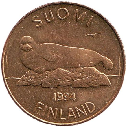 Монета 5 марок. 1994 год, Финляндия. UNC. Тюлень.