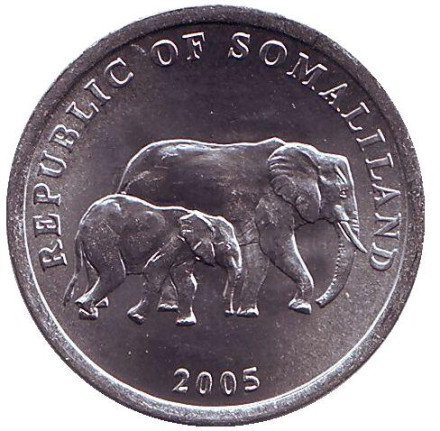 Монета 5 шиллингов. 2005 год, Сомалиленд. Слоны.
