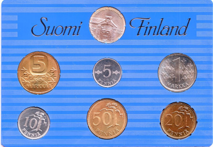 Набор монет Финляндии (6 шт., с жетоном), 1989 год, Финляндия. Тип 2. (в банковской упаковке). 125-летие чеканки финских монет.