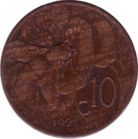 Пчела. Монета 10 чентезимо. 1921 год, Италия.