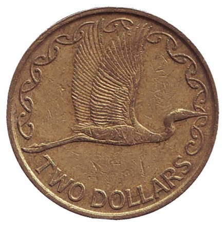 Монета 2 доллара. 1991 год, Новая Зеландия. Белая цапля.