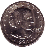 Монета 1 доллар, 1980 год, США. Монетный двор S. Сьюзен Энтони. Монета 1 доллар, 1980 год, США. Монетный двор S. Сьюзен Энтони.