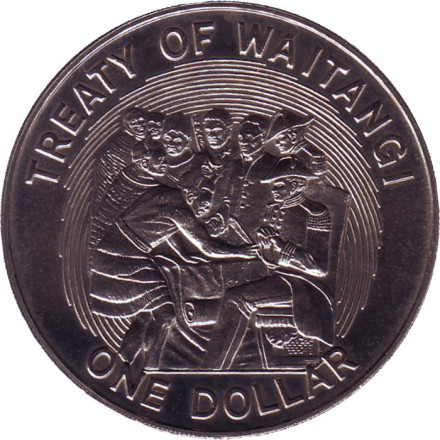 Монета 1 доллар. 1990 год, Новая Зеландия. 150 лет подписанию Договора Вайтанги.