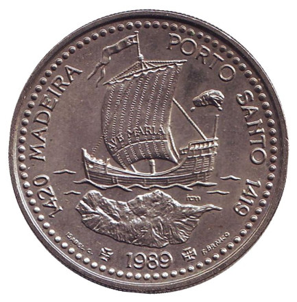 Монета 100 эскудо. 1989 год, Португалия. Открытие острова Мадейра.