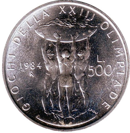 Монета 500 лир. 1984 год, Италия. XXIII летние Олимпийские Игры в Лос-Анджелесе.