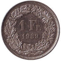 Гельвеция. Монета 1 франк. 1989 (В) год, Швейцария.