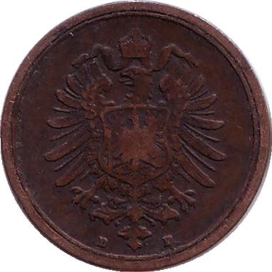 Монета 1 пфенниг. 1876 год (D), Германская империя. Монета 1 пфенниг. 1876 год (D), Германская империя.