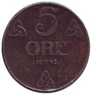 Монета 5 эре. 1942 год, Норвегия. Монета 5 эре. 1942 год, Норвегия.