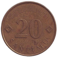 Монета 20 сантимов, 2007 год, Латвия. Из обращения.