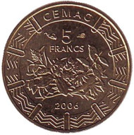 Монета 5 франков. 2006 год, Центральные Африканские Штаты. Монета 5 франков. 2006 год, Центральные Африканские Штаты.