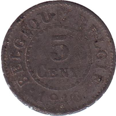 Монета 5 сантимов. 1916 год, Бельгия.