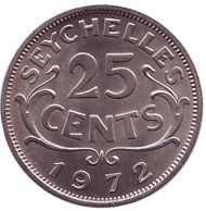 Монета 25 центов. 1972 год, Сейшельские острова. Монета 25 центов. 1972 год, Сейшельские острова.