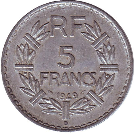 Монета 5 франков. 1949 В год, Франция.