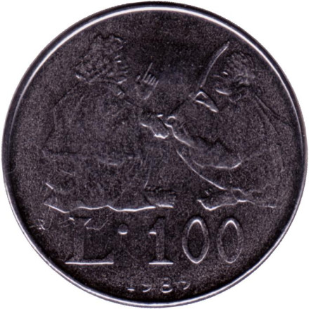 Монета 100 лир. 1989 год, Сан-Марино. Шестнадцать веков истории.