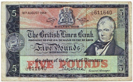 Банкнота 5 фунтов. 1964 год, Шотландия.