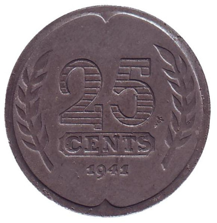 Монета 25 центов. 1941 год, Нидерланды.