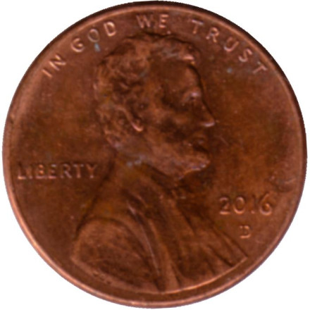 Монета 1 цент. 2016 год (D), США. Линкольн.