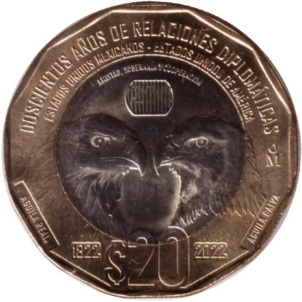 Монета 20 песо. 2022 год, Мексика. 200 лет дипломатическим отношениям между Мексикой и США.