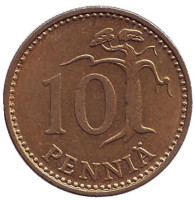 Монета 10 пенни. 1976 год, Финляндия.