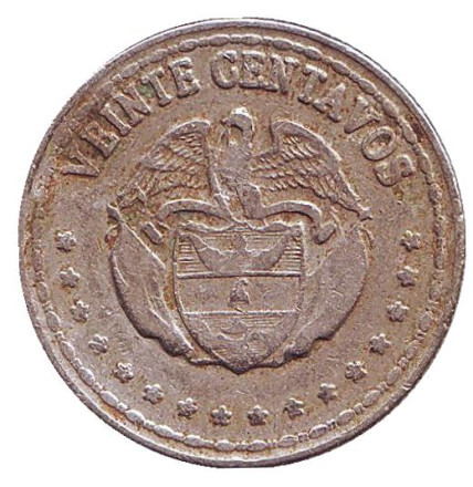 Монета 20 сентаво. 1956 год, Колумбия.