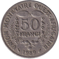 Монета 50 франков. 1989 год, Западные Африканские штаты. Монета 50 франков. 1989 год, Западные Африканские штаты.