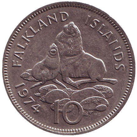Монета 10 пенсов. 1974 год, Фолклендские острова. Морские львы.