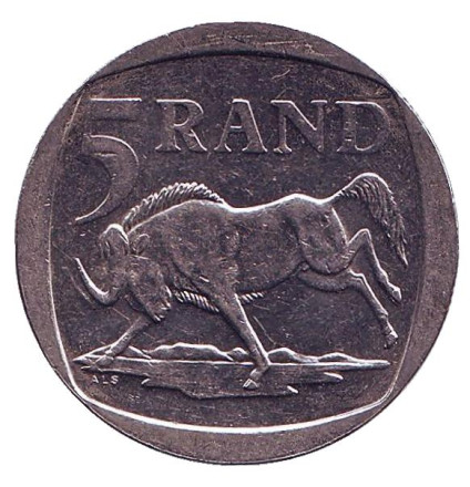 Монета 5 рандов. 2000 год, ЮАР. (Новый тип). Антилопа гну.