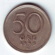 Монета 50 эре. 1945 год, Швеция. Монета 50 эре. 1945 год, Швеция.