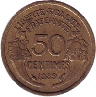 Монета 50 сантимов. 1939 год, Франция. (Без отметки монетного двора)