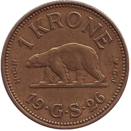 Монета 1 крона. 1926 год, Гренландия. Белый медведь.