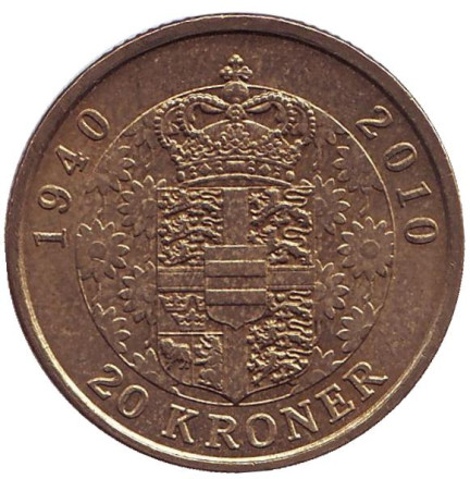 Монета 20 крон. 2010 год, Дания. Из обращения. 70 лет со дня рождения королевы Маргрете II.