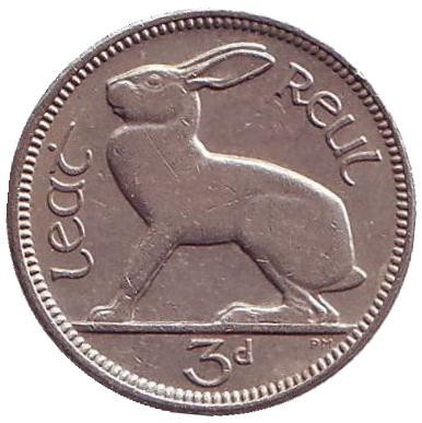 Монета 3 пенса. 1961 год, Ирландия. Заяц.