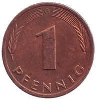 Дубовые листья. Монета 1 пфенниг. 1979 год (G), ФРГ.