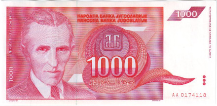 Банкнота 1000 динаров. 1992 год, Югославия. Никола Тесла.