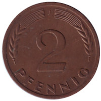 Дубовые листья. Монета 2 пфеннига. 1960 год (J), ФРГ.