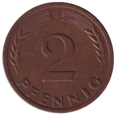 Монета 2 пфеннига. 1960 год (J), ФРГ. Дубовые листья.