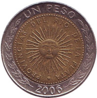 Монета 1 песо. 2006 год, Аргентина.