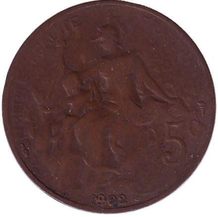 Монета 5 сантимов. 1902 год, Франция.